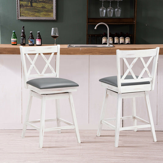 Counter Height Bar Stools Set of 2 with 24 Inch Swivel Seat and White Rubber Wood Frame