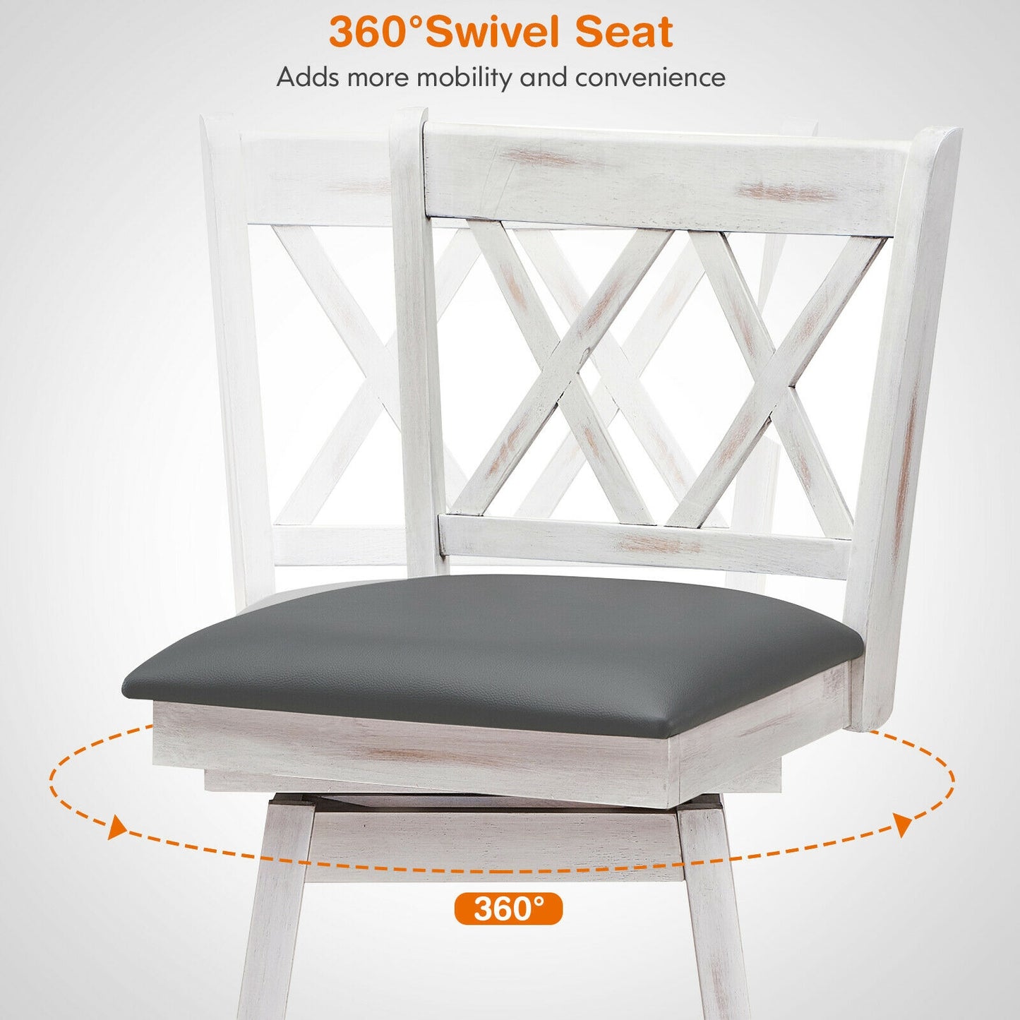 Counter Height Bar Stools Set of 2 with 24 Inch Swivel Seat and White Rubber Wood Frame