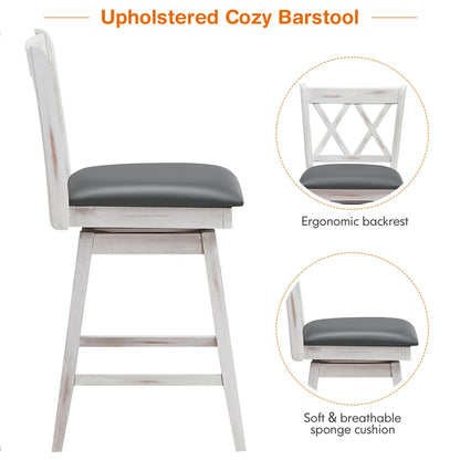 Counter Height Bar Stools Set of 2 with 24 Inch Swivel Seat and White Rubber Wood Frame