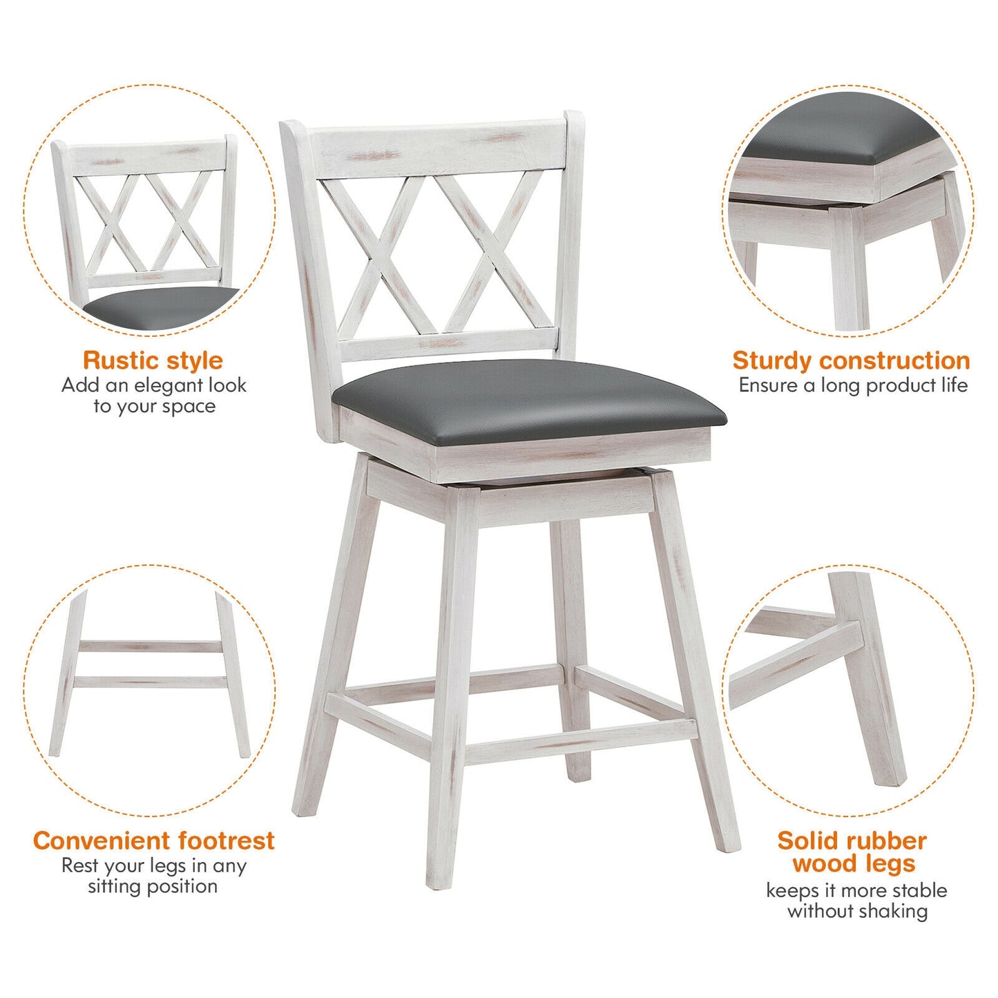 Counter Height Bar Stools Set of 2 with 24 Inch Swivel Seat and White Rubber Wood Frame