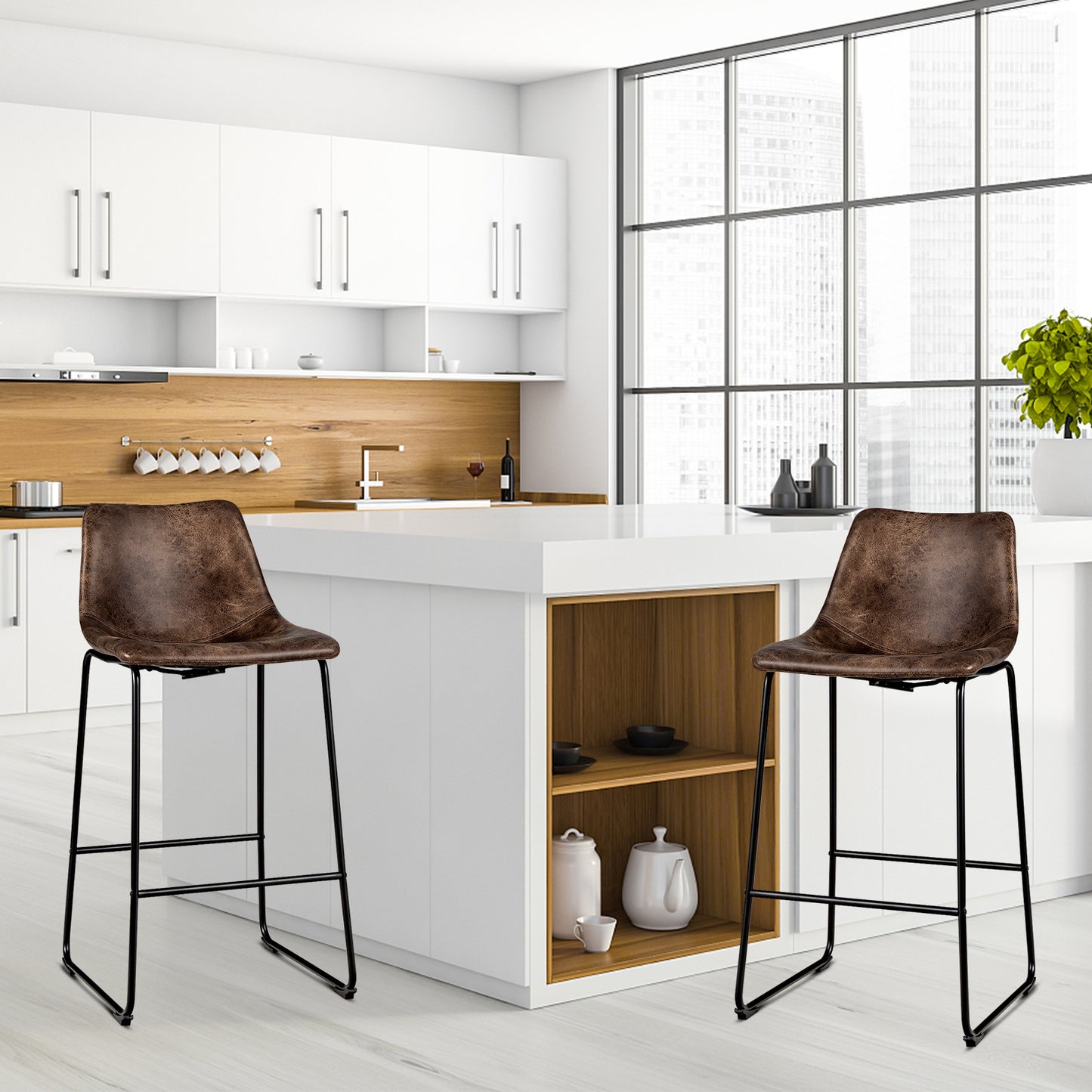 Set of 2 Faux Suede Upholstered Bar Stools with Curved Backrest in Brown