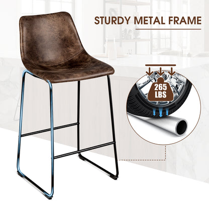 Set of 2 Faux Suede Upholstered Bar Stools with Curved Backrest in Brown