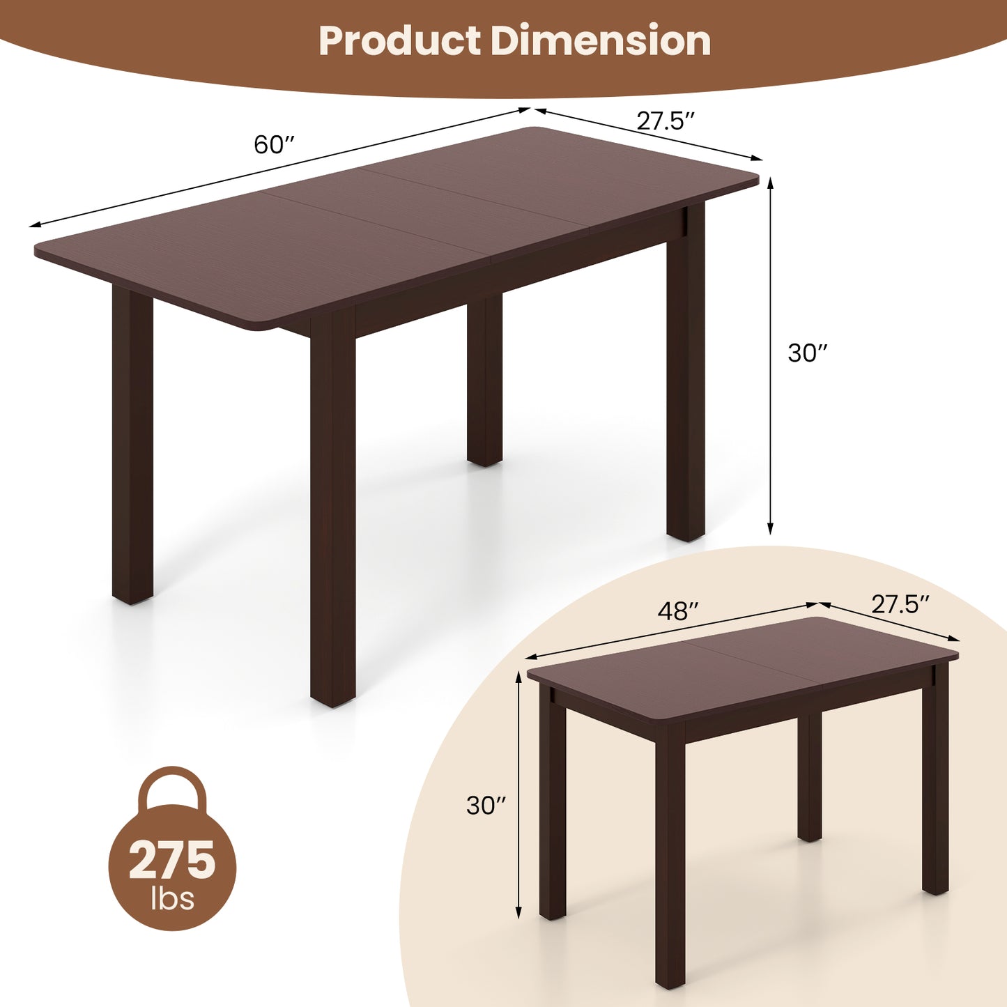 Extendable Folding Dining Table with Rubber Wood Frame and Secure Locks for 4 to 6 People