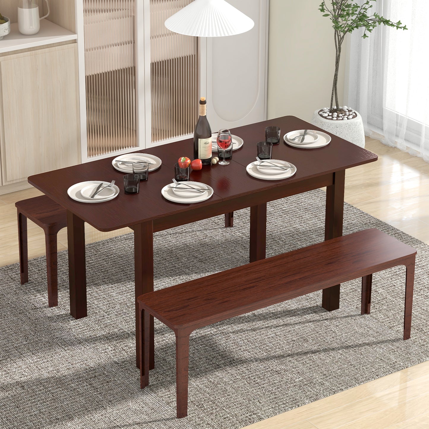 Extendable Folding Dining Table with Rubber Wood Frame and Secure Locks for 4 to 6 People