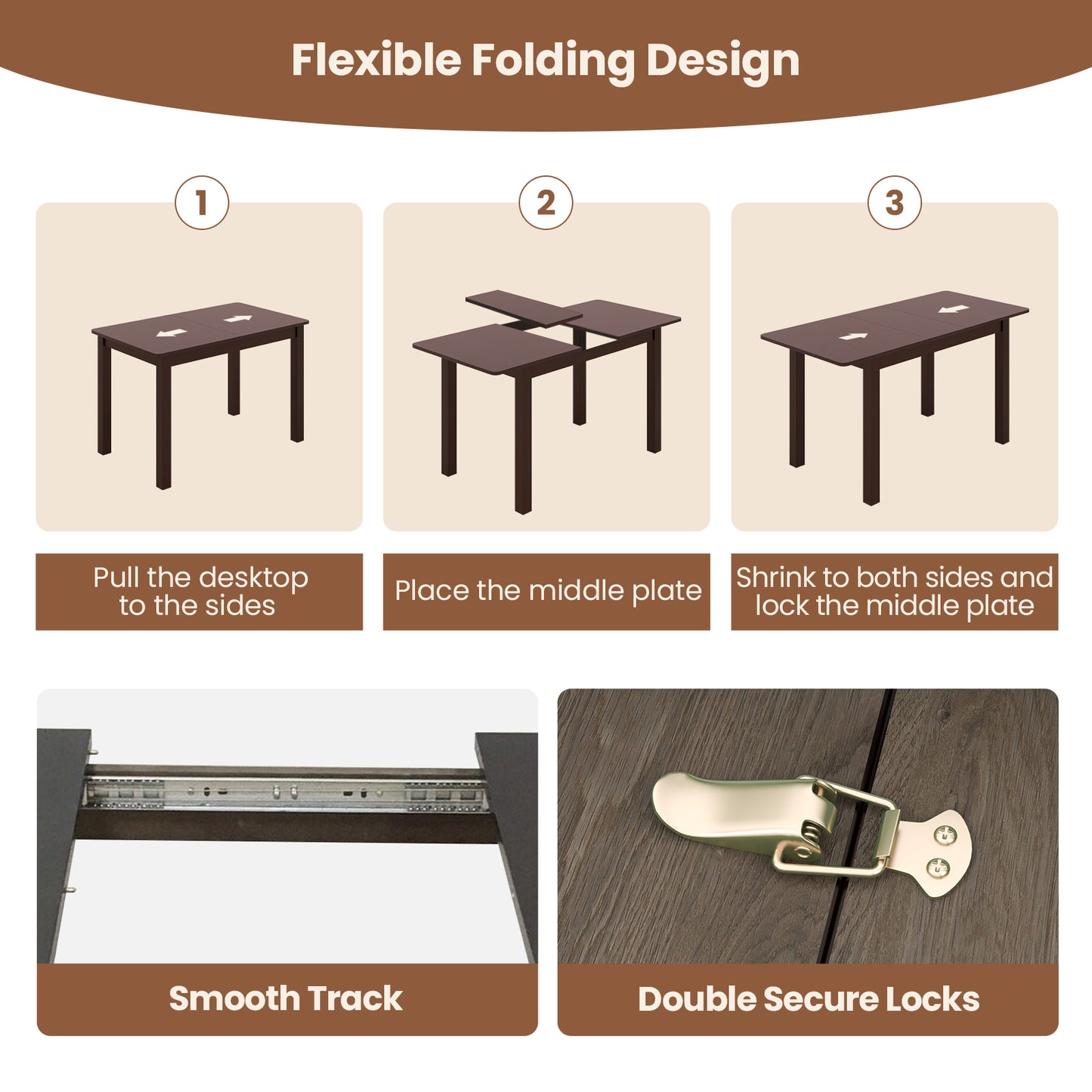Extendable Folding Dining Table with Rubber Wood Frame and Secure Locks for 4 to 6 People