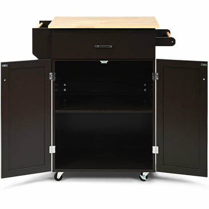 Rolling Kitchen Island Cart with Storage Cabinet, Spice Rack, and Locking Wheels - Brown