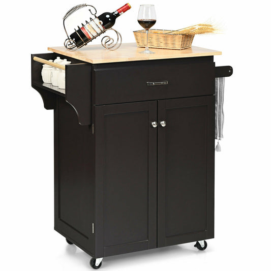 Rolling Kitchen Island Cart with Storage Cabinet, Spice Rack, and Locking Wheels - Brown