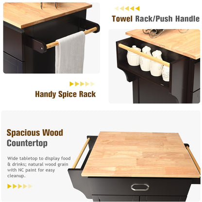 Rolling Kitchen Island Cart with Storage Cabinet, Spice Rack, and Locking Wheels - Brown