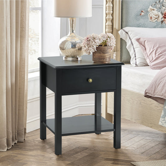Modern Nightstand with Storage Drawer and Shelf – Black