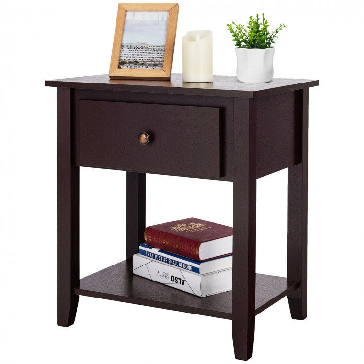 Versatile Bedside Table with Storage Drawer and Display Shelf Dark Brown