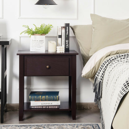 Versatile Bedside Table with Storage Drawer and Display Shelf Dark Brown