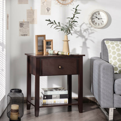 Versatile Bedside Table with Storage Drawer and Display Shelf Dark Brown