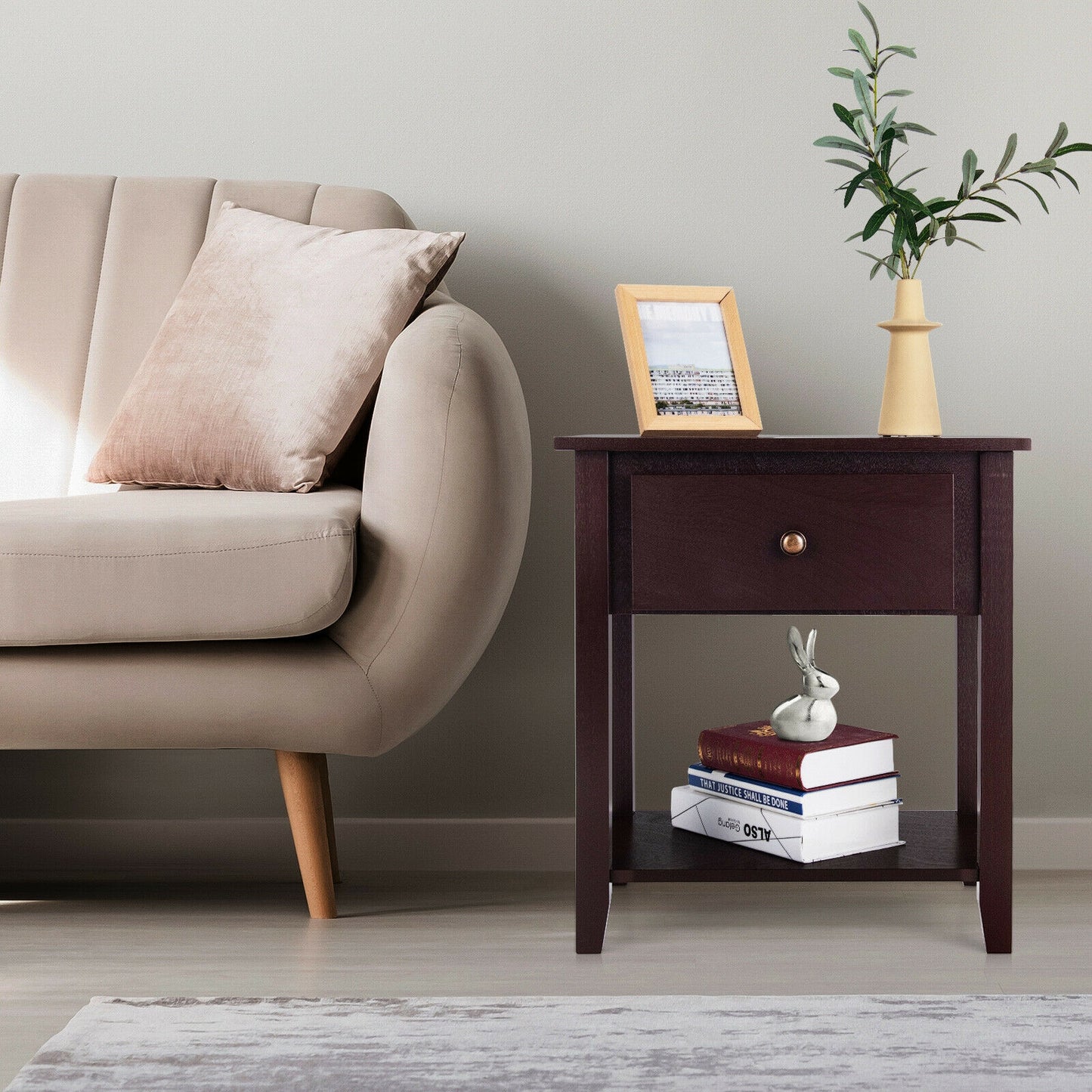 Versatile Bedside Table with Storage Drawer and Display Shelf Dark Brown