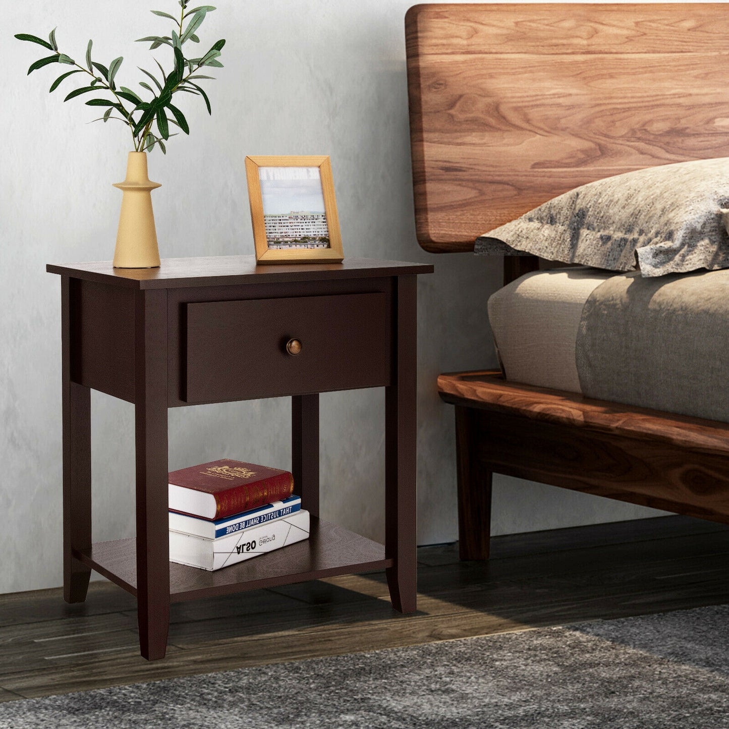 Versatile Bedside Table with Storage Drawer and Display Shelf Dark Brown