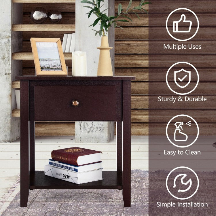 Versatile Bedside Table with Storage Drawer and Display Shelf Dark Brown