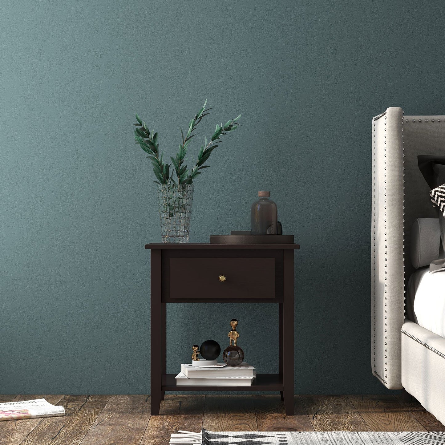 Versatile Bedside Table with Storage Drawer and Display Shelf Dark Brown