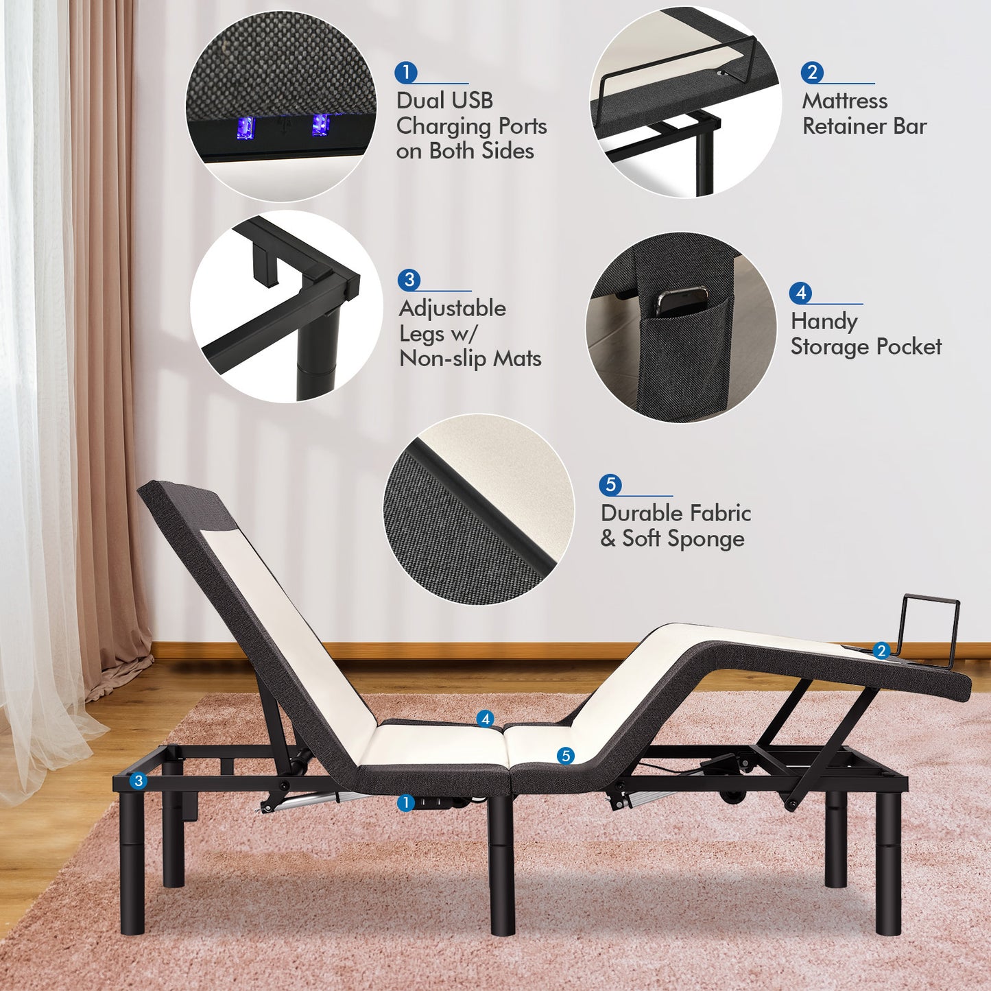 Twin Size Adjustable Electric Bed Frame with Massage Function & Customizable Positions