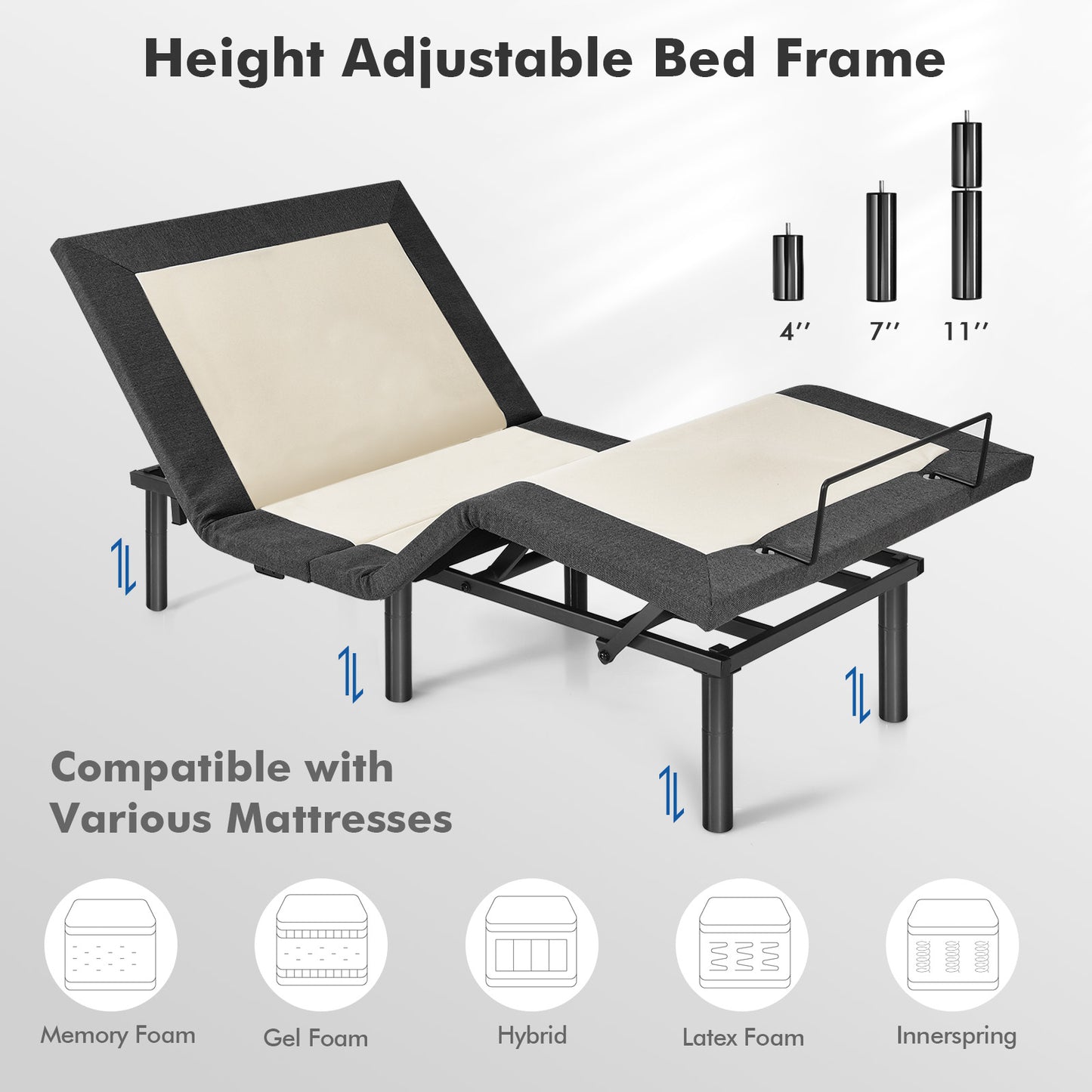 Twin Size Adjustable Electric Bed Frame with Massage Function & Customizable Positions