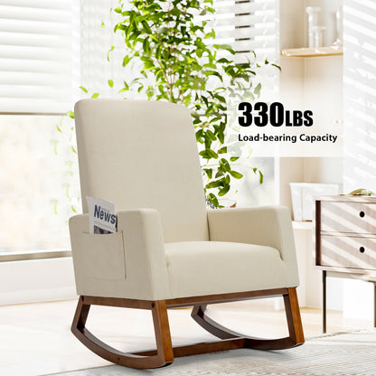 Modern High Back Rocking Chair with Upholstered Seat and Side Storage Pocket - Beige