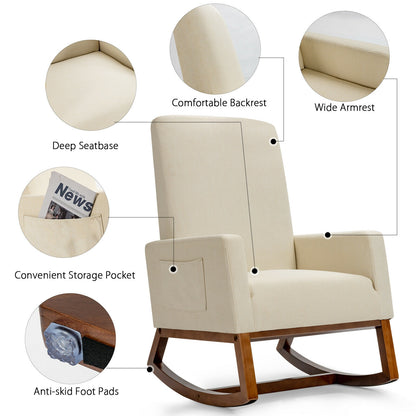 Modern High Back Rocking Chair with Upholstered Seat and Side Storage Pocket - Beige