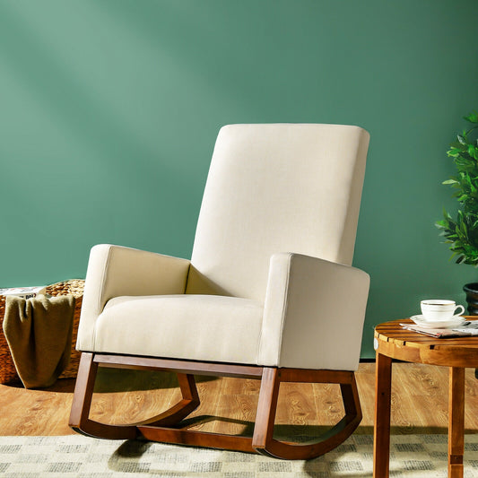Modern High Back Rocking Chair with Upholstered Seat and Side Storage Pocket - Beige
