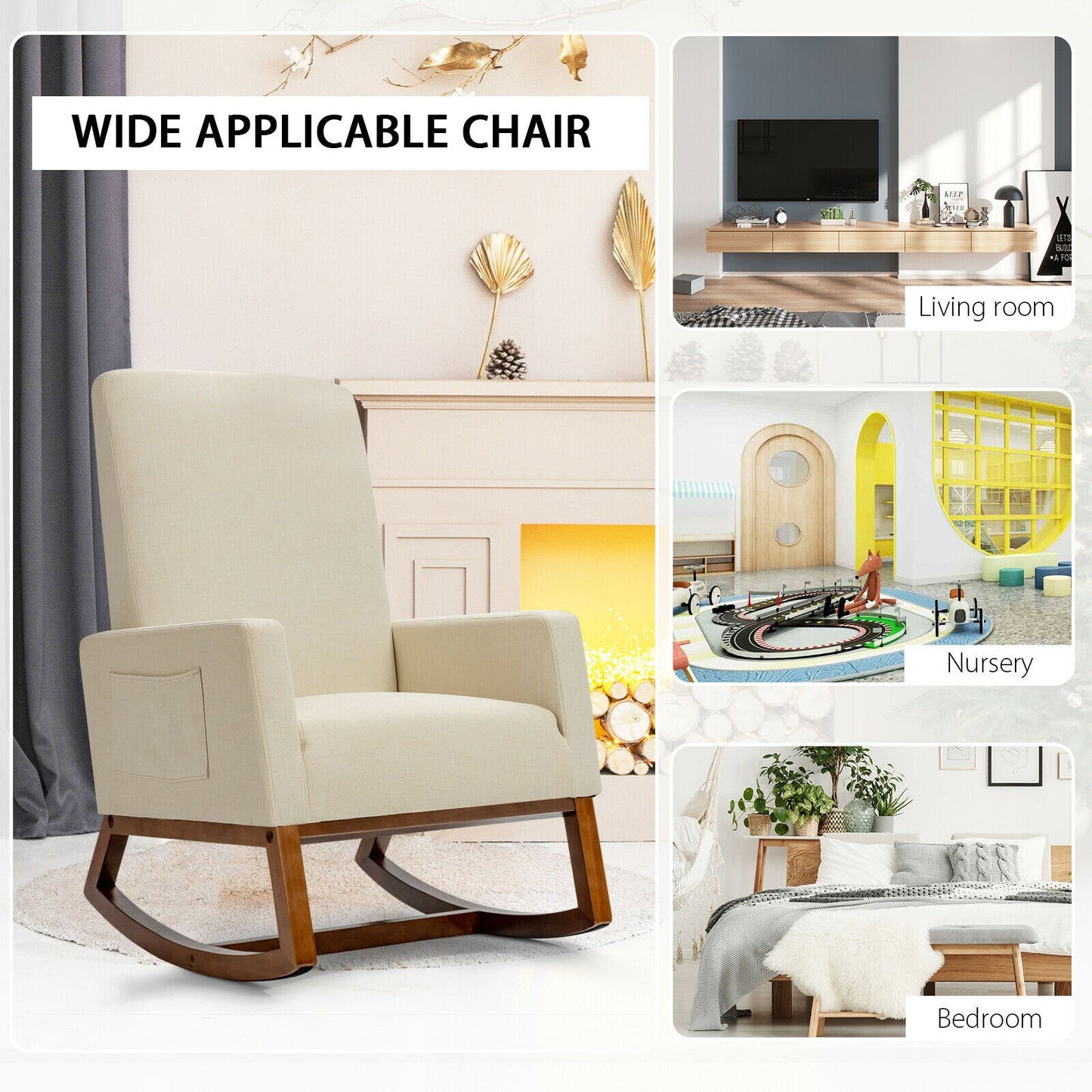Modern High Back Rocking Chair with Upholstered Seat and Side Storage Pocket - Beige