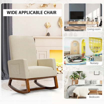 Modern High Back Rocking Chair with Upholstered Seat and Side Storage Pocket - Beige