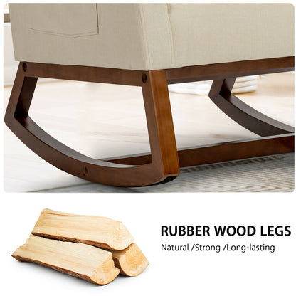Modern High Back Rocking Chair with Upholstered Seat and Side Storage Pocket - Beige