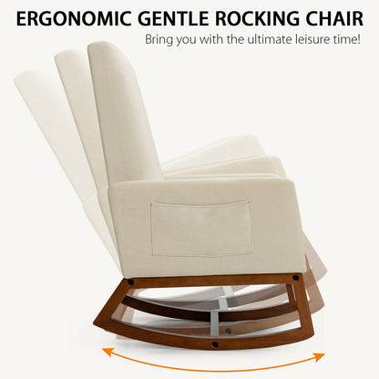 Modern High Back Rocking Chair with Upholstered Seat and Side Storage Pocket - Beige