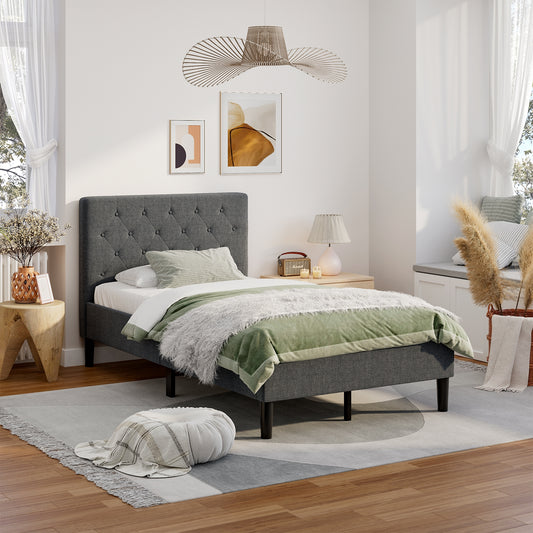 Modern Upholstered Twin Bed Frame with Button-Tufted Headboard