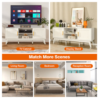 Modern TV Stand with Rattan Cabinets and Open Shelves for TVs up to 65 Inches