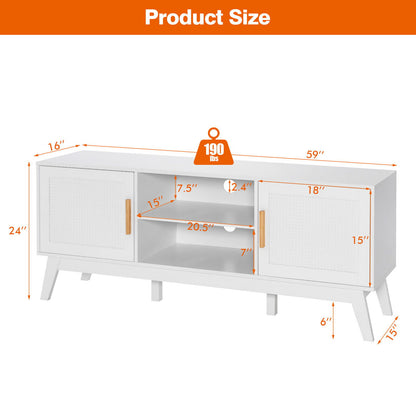 Modern TV Stand with Rattan Cabinets and Open Shelves for TVs up to 65 Inches