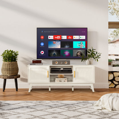 Modern TV Stand with Rattan Cabinets and Open Shelves for TVs up to 65 Inches