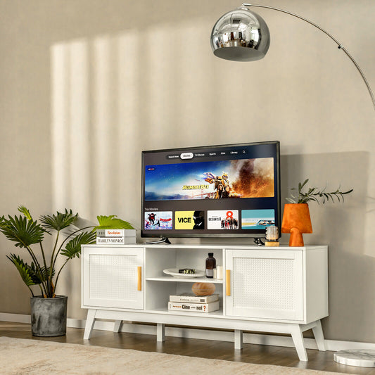 Modern TV Stand with Rattan Cabinets and Open Shelves for TVs up to 65 Inches