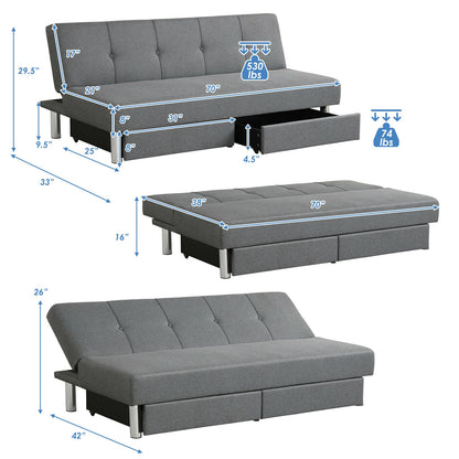 Convertible 3-Seat Sofa Bed with Adjustable Backrest and Two Large Storage Drawers