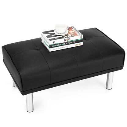 Tufted Faux Leather Bench Ottoman with Stainless Steel Legs and Padded Seat in Black
