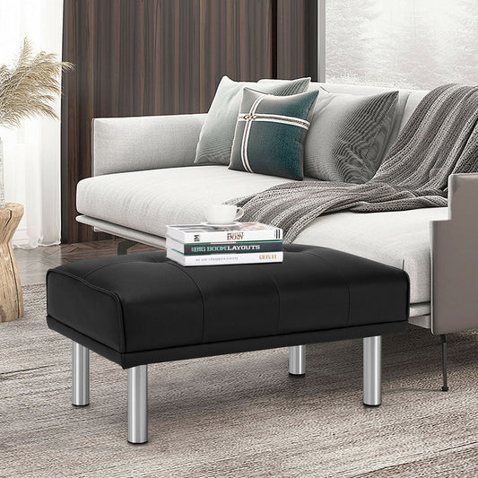 Tufted Faux Leather Bench Ottoman with Stainless Steel Legs and Padded Seat in Black