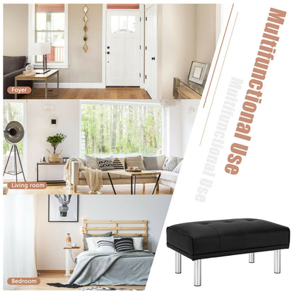 Tufted Faux Leather Bench Ottoman with Stainless Steel Legs and Padded Seat in Black