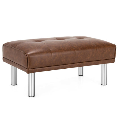 Tufted Faux Leather Bench Ottoman with Stainless Steel Legs and Padded Seat in Brown