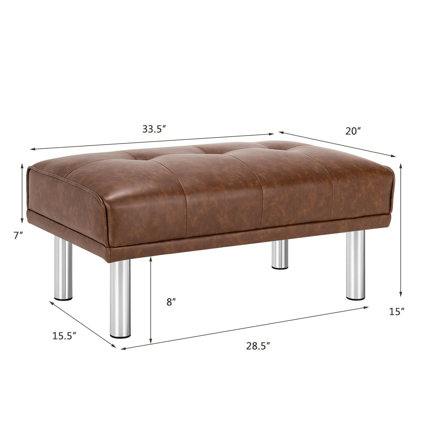 Tufted Faux Leather Bench Ottoman with Stainless Steel Legs and Padded Seat in Brown