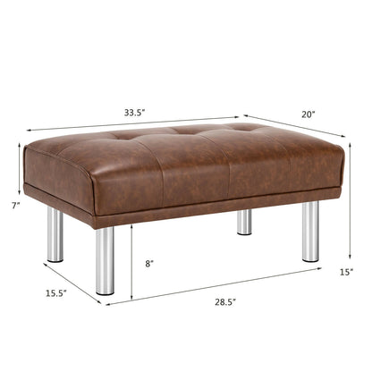 Tufted Faux Leather Bench Ottoman with Stainless Steel Legs and Padded Seat in Brown