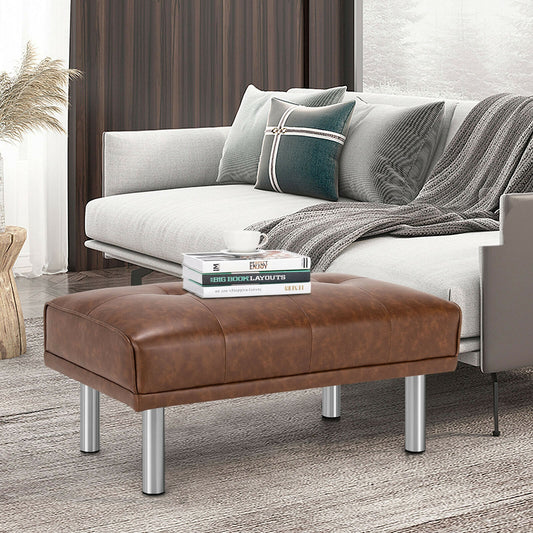 Tufted Faux Leather Bench Ottoman with Stainless Steel Legs and Padded Seat in Brown