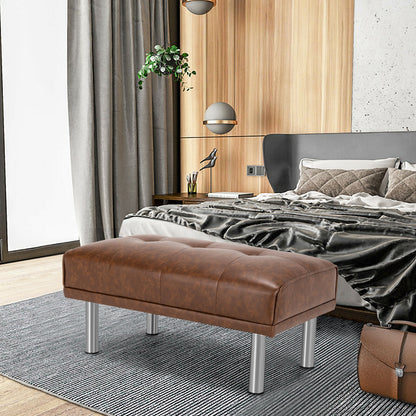 Tufted Faux Leather Bench Ottoman with Stainless Steel Legs and Padded Seat in Brown