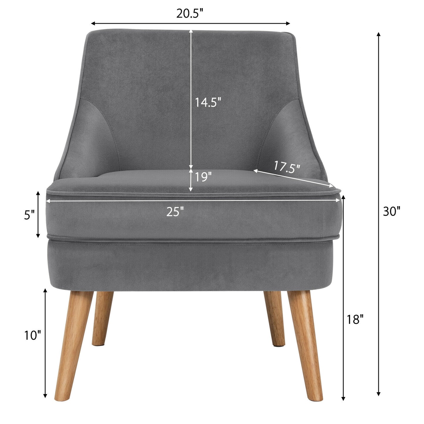Modern Upholstered Armchair with Ergonomic Backrest and Wood Legs - Grey