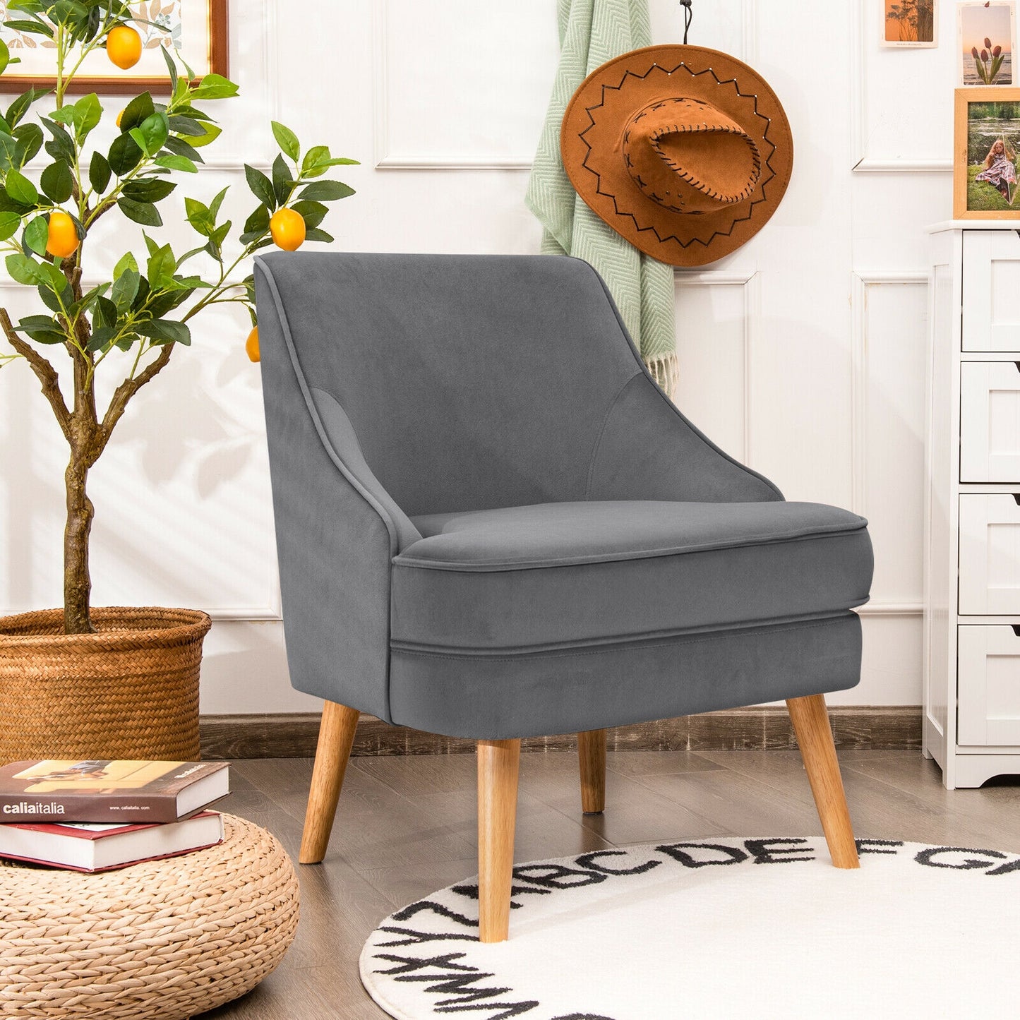 Modern Upholstered Armchair with Ergonomic Backrest and Wood Legs - Grey