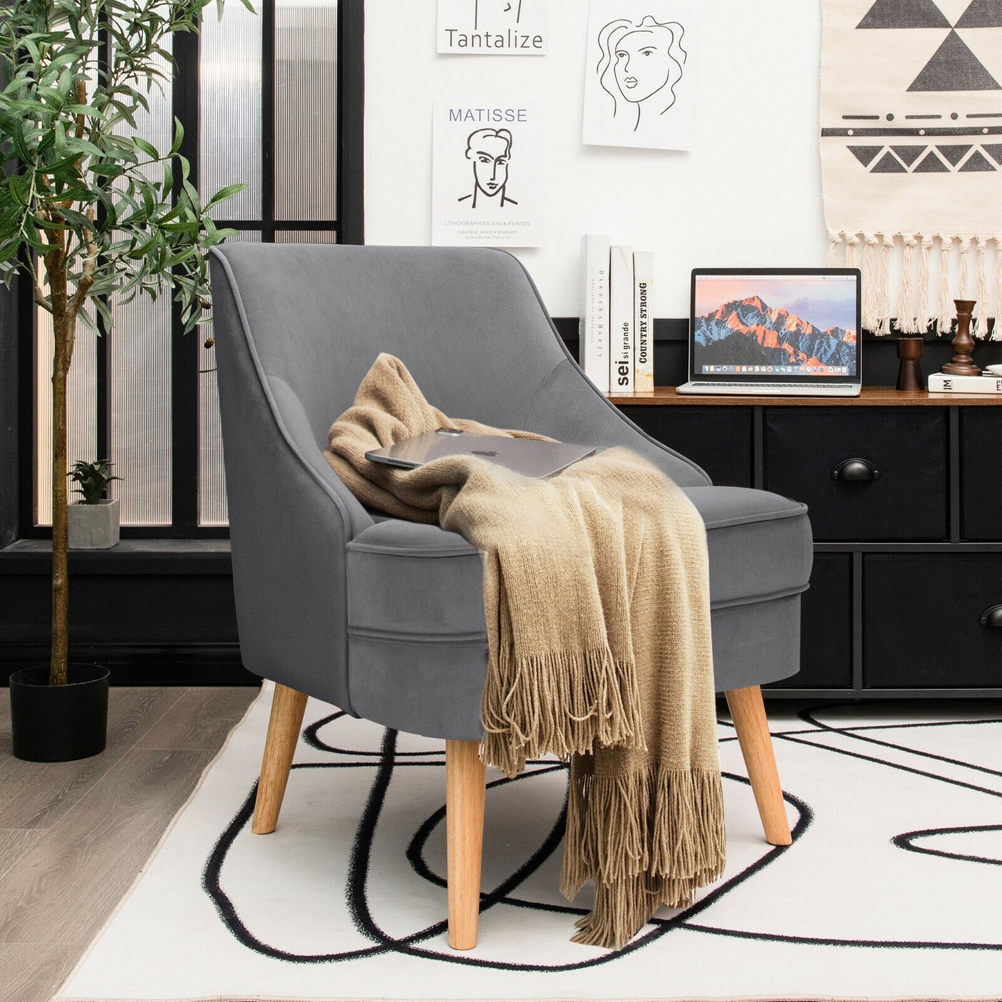 Modern Upholstered Armchair with Ergonomic Backrest and Wood Legs - Grey