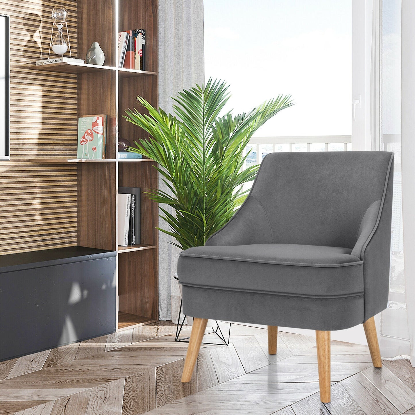 Modern Upholstered Armchair with Ergonomic Backrest and Wood Legs - Grey