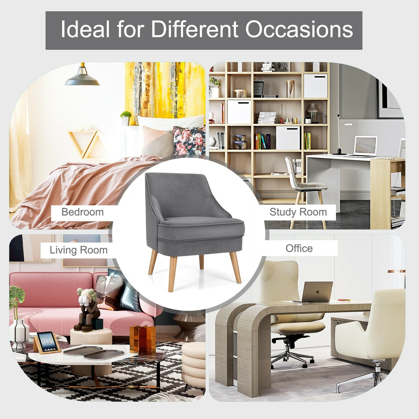 Modern Upholstered Armchair with Ergonomic Backrest and Wood Legs - Grey