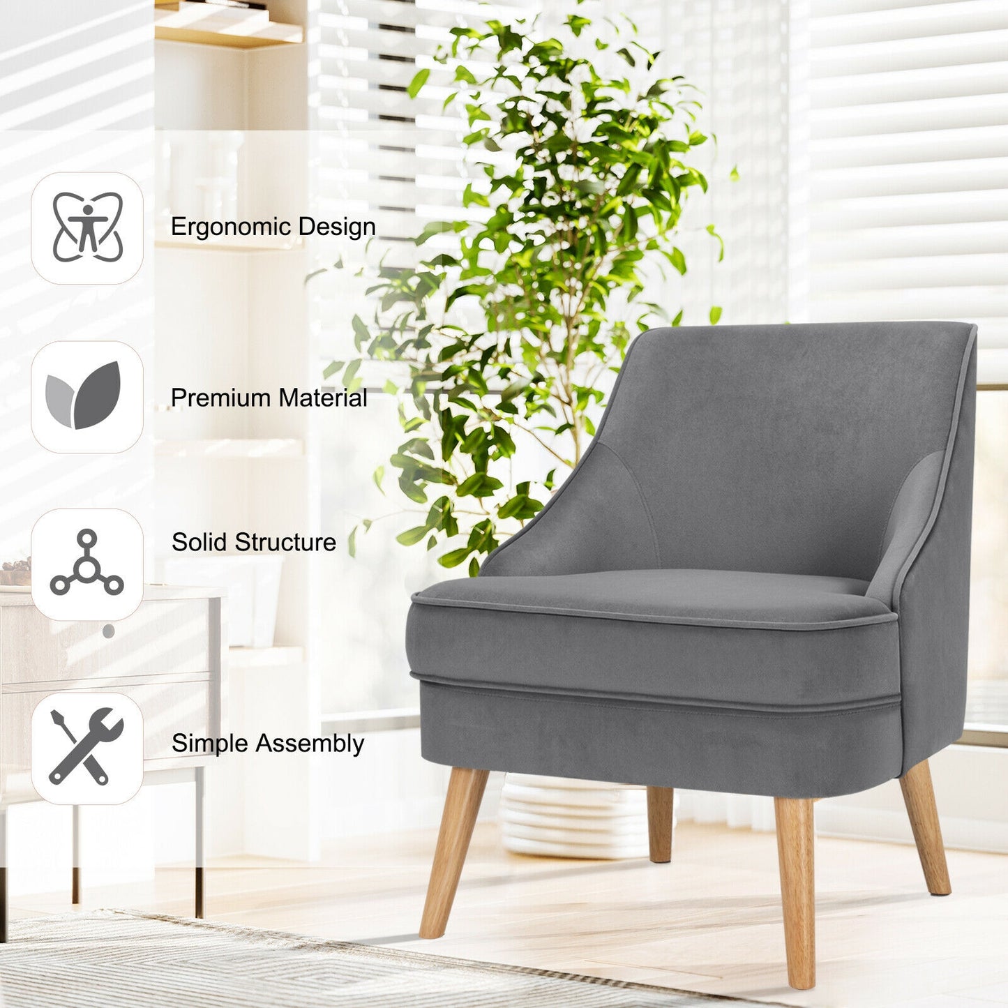 Modern Upholstered Armchair with Ergonomic Backrest and Wood Legs - Grey