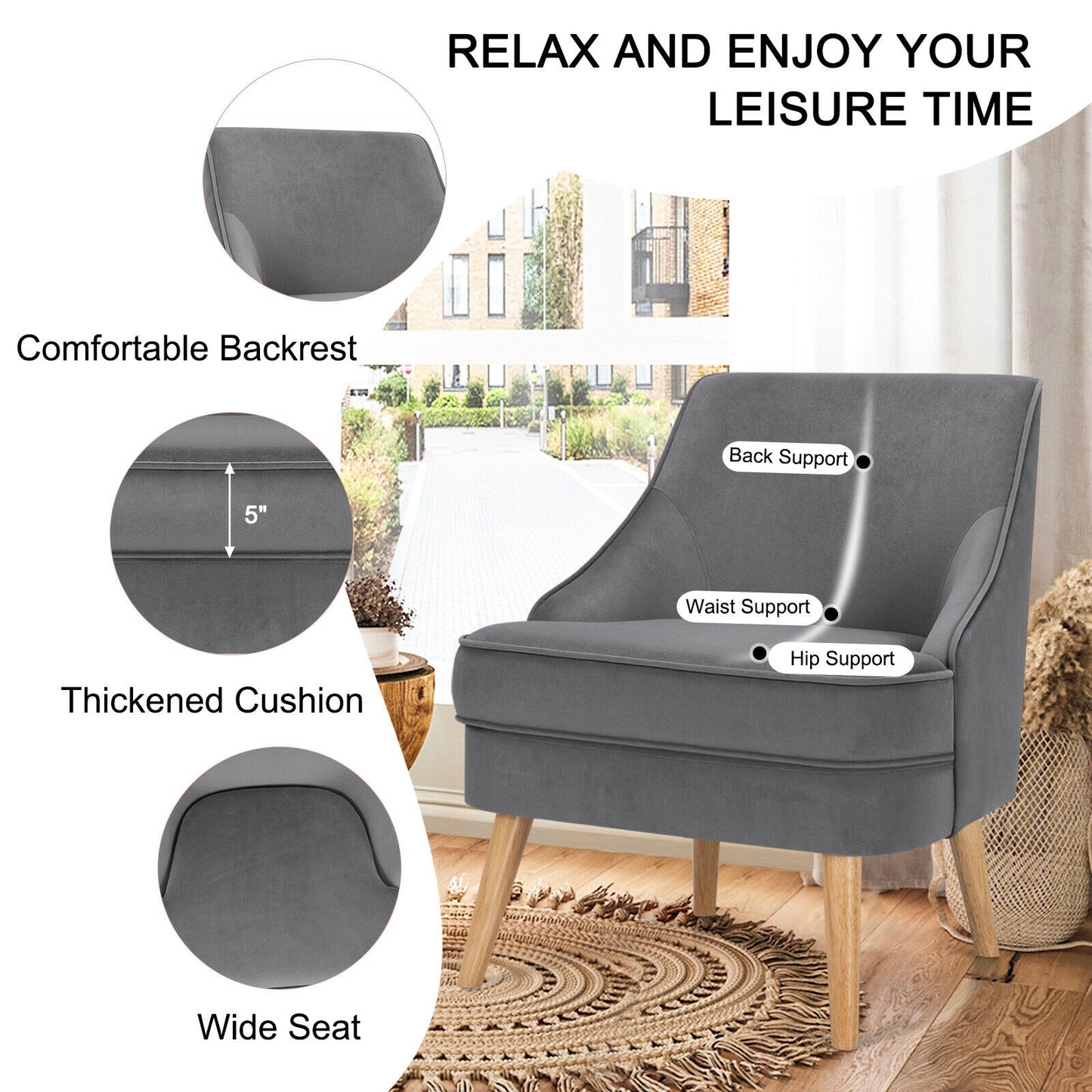 Modern Upholstered Armchair with Ergonomic Backrest and Wood Legs - Grey